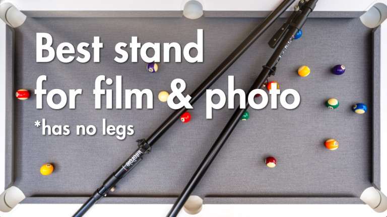 Billard table with two autopole stands lying across it and some billard balls. Text of "Best stand for film & Photo * has no legs"