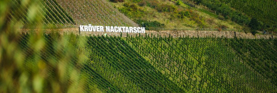 Letters in vineyard on mountain side saying Kröver Nacktarsch